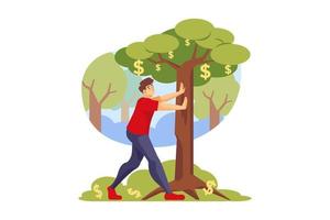 Geschäftsmann zupft Dollar, indem er Baum schüttelt vektor