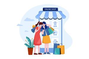 två glada kvinnor shoppar online vektor