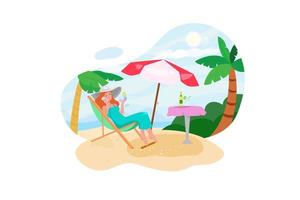 sommarresor strandsemester koncept, resande asiatisk kvinna med hatt och klänning koppla av på stol stranden vektor