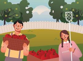 en pojke och en flicka samlar äpple i trädgården vektor