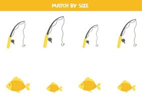 Matching-Spiel für Kinder im Vorschulalter. Ordnen Sie Angelruten und Fische der Größe zu. vektor