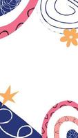 niedliche handgezeichnete Doodle-Formen auf Social-Media-Story-Vorlage, flache Vektorillustration. banner mit kopierraum für text mit abstrakten geometrischen formen, blumen und sternen. vektor