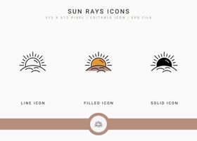 Sonnenstrahlen-Symbole setzen Vektorillustration mit solidem Symbollinienstil. UV-Schutzkonzept. editierbares Strichsymbol auf isoliertem weißem Hintergrund für Webdesign, Benutzeroberfläche und mobile App vektor