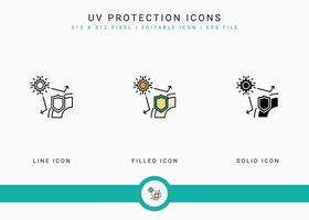 UV-skydd ikoner set vektorillustration med solid ikon linje stil. solskyddsmedel sköld koncept. redigerbar streckikon på isolerad vit bakgrund för webbdesign, användargränssnitt och mobilapp vektor