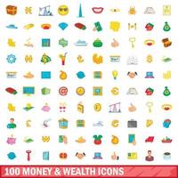 100 Symbole für Geld und Reichtum im Cartoon-Stil