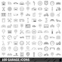 100 garage ikoner set, kontur stil vektor