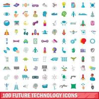 100 zukünftige Technologie-Icons gesetzt, Cartoon-Stil vektor