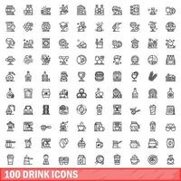 100 drinkikoner set, konturstil vektor