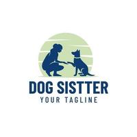 Mensch und Hund Silhouette Vektor-Design-Logo unter dem Mond, Hundesitter, Hundeliebhaber-Illustration.