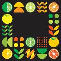 minimalistisk platt vektorram i citrusfruktsymbol. enkel geometrisk illustration av apelsiner, citroner, lemonad och löv. abstrakt orange design på svart bakgrund. bra för affischer eller banderoller. vektor