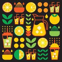 einfache flache Illustration abstrakter Formen von Zitrusfrüchten, Zitronen, Limonade, Limetten, Blättern und anderen geometrischen Symbolen. frisches Orangensaft-Eisgetränk-Symbol mit Glas, Krug, Strohhalm und Plastikbecher. vektor