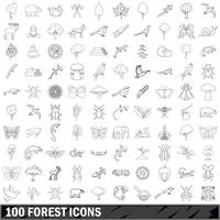 100 skog ikoner set, kontur stil vektor