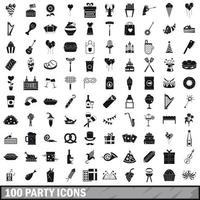 100 Party-Icons gesetzt, einfacher Stil vektor