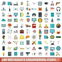 100 Mechanik-Engineering-Icons gesetzt, flacher Stil vektor