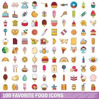 100 favoritmat ikoner set, tecknad stil vektor