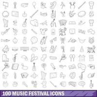 100 Musikfestival-Icons gesetzt, Umrissstil vektor