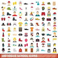 100 Vogue School Icons Set, flacher Stil vektor