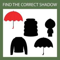 Finden Sie den richtigen Schatten mit Kleidung, Regenschirm. Lernspiel für Kinder. vektor