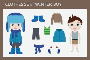 ein satz kleidung für einen kleinen fröhlichen jungen für winterhemd, hose, jacke, mütze, schal, fäustlinge, stiefel, pullover. Outfit für ein Kind für den Winter vektor