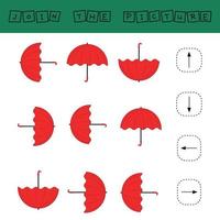 Match-Cartoon-Regenschirm und Richtungen nach oben, unten, links und rechts. Lernspiel für Kinder. vektor