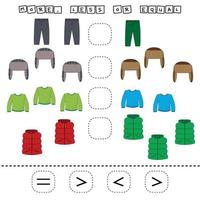 Entwicklung von Aktivitäten für Kinder, vergleichen Sie die mehr Kleidung. Logikspiel für Kinder, mathematische Ungleichungen. vektor