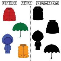 Aktivitäten für Kinder entwickeln, finden Sie ein Paar unter identischen Kleidungsstücken, Weste, Mantel, Regenmantel, Regenschirm. Logikspiel für Kinder.