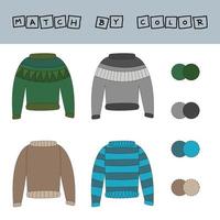 Verbinden Sie den Namen der Farbe und den Charakter des Pullovers. Logikspiel für Kinder. vektor