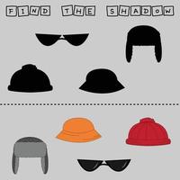 utveckla aktivitet för barn, hitta ett par bland identiska kläder hatt, panama, solglasögon. logikspel för barn. vektor