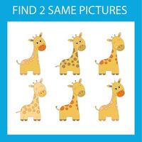 Finden Sie ein Paarspiel mit lustiger orangefarbener Giraffe. arbeitsblatt für vorschulkinder, kinderaktivitätsblatt, druckbares arbeitsblatt vektor