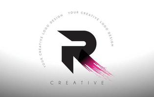 r-Pinsel-Buchstaben-Logo-Design mit künstlerischem Pinselstrich in schwarzen und violetten Farben vektor