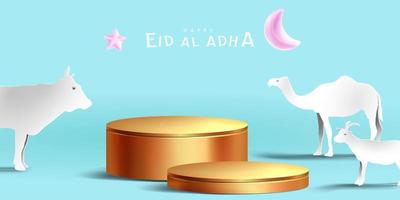 eid al adha islamische dekorationsanzeige podiumhintergrund mit ziege, kamel, kuh, mond und stern. produktschaufenster für ramadan kareem, mawlid, eid al fitr, muharram vektor