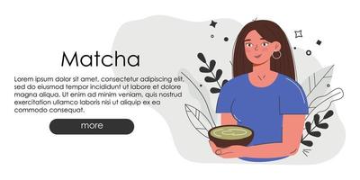 entzückende website-seite mit matcha. hand zeichnen grüne getränk website idee. Japanische Teekultur. Matcha Latte ist ein gesundes Getränk. Die Hauptseite des Cafés in grünlichen Farben. vektor