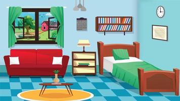 hintergrundillustration des rauminnenraums. Schlafzimmer, Cartoon-Wohnzimmer, Kinderzimmer mit Möbeln. Jugendzimmer mit Bett, Kinder- oder Kinderzimmer mit Spielzeug und Bildern. vektor