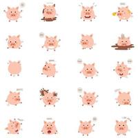 lustige schweine zeichentrickfiguren gesetzt. flache sammlung kleiner süßer tiere in verschiedenen situationen, die singen, schauspielern, tanzen und spaß haben. vektor