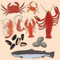 Sammlung von Cliparts für Meeresfrüchte, die Schalentiere, Muscheln, Miesmuscheln und frischen Lachs enthalten vektor