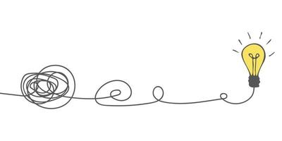 sättet att lösa en komplex idé. begreppet förvirring förvandlas till en glödlampa. reda ut kurvan. förstå meningen. doodle vektor illustration