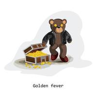 Vektorbild eines gestrickten Bären neben einer Truhe mit Goldmünzen. Konzept. Folge 10 vektor