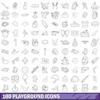 100 lekplats ikoner set, kontur stil vektor