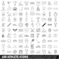100 Athleten-Icons gesetzt, Umrissstil vektor