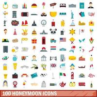 100 Flitterwochen-Icons gesetzt, flacher Stil vektor