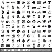 100 Basketball-Icons gesetzt, einfacher Stil vektor