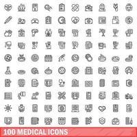 100 medicinska ikoner set, konturstil vektor