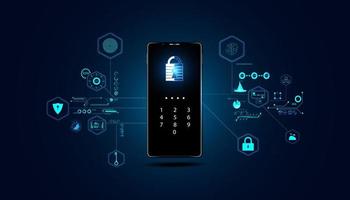 abstrakte technologie cybersicherheit privatsphäre informationen netzwerkkonzept vorhängeschlosscode auf telefonschutz digitales netzwerk internetverbindung auf hallo-tech-blauem zukunftshintergrund vektor