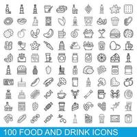 100 mat och dryck ikoner set, kontur stil vektor
