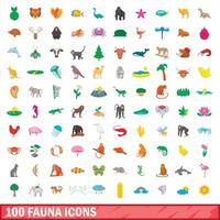 100 fauna ikoner set, tecknad stil vektor