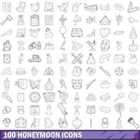 100 Flitterwochen-Icons gesetzt, Umrissstil vektor