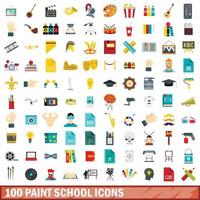 100 målarskola ikoner set, platt stil vektor