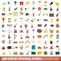 100 Straßenfest-Icons gesetzt, flacher Stil vektor
