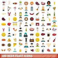 100 Bierfest-Icons gesetzt, flacher Stil vektor