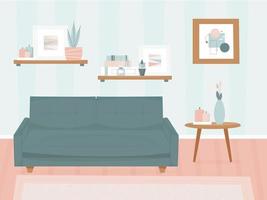 Wohnzimmer mit Möbeln. modernes minimalistisches Interieur. stylistisches Aussehen. Sofa- und Dekorationsartikel, Gemälde an den Wänden. Vektorillustration, flach vektor